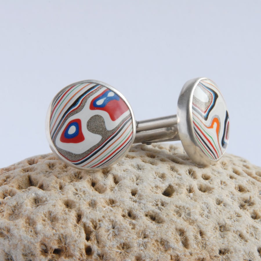 Round Dodge fordite and sterling silver swivel cufflinks