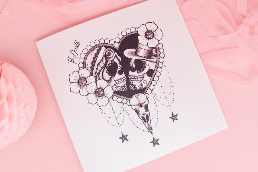 Sugar Skull 'Til Death' Heart tattoo handmade Card