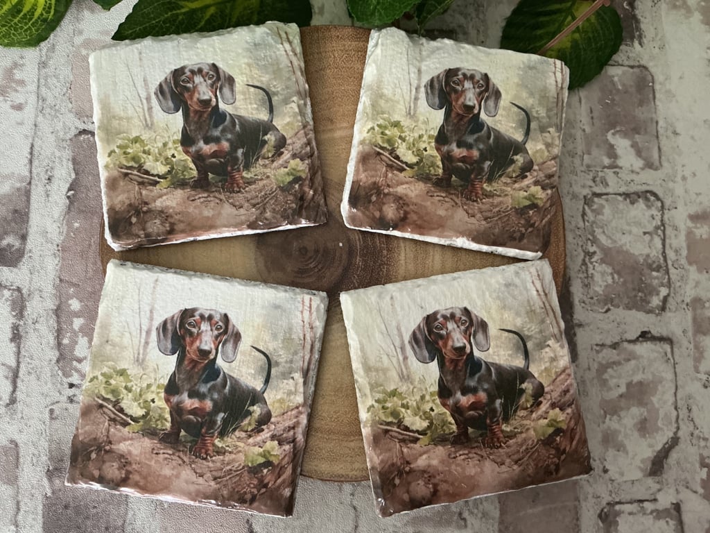 Set of 4 Slate Coasters. Dachshund.