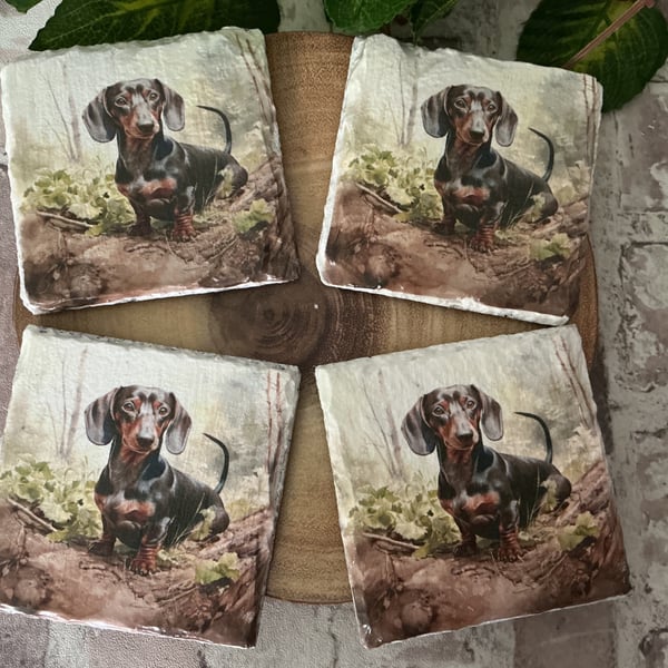 Set of 4 Slate Coasters. Dachshund.