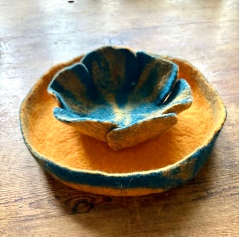 Lily pad wet felted decorative dish.
