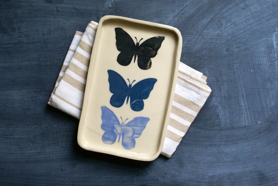 Blue butterflies ceramic pottery tray