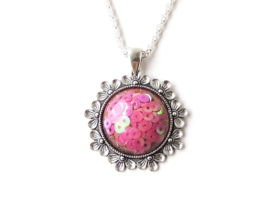 Pink Sequin Necklace, 18" Chain  793