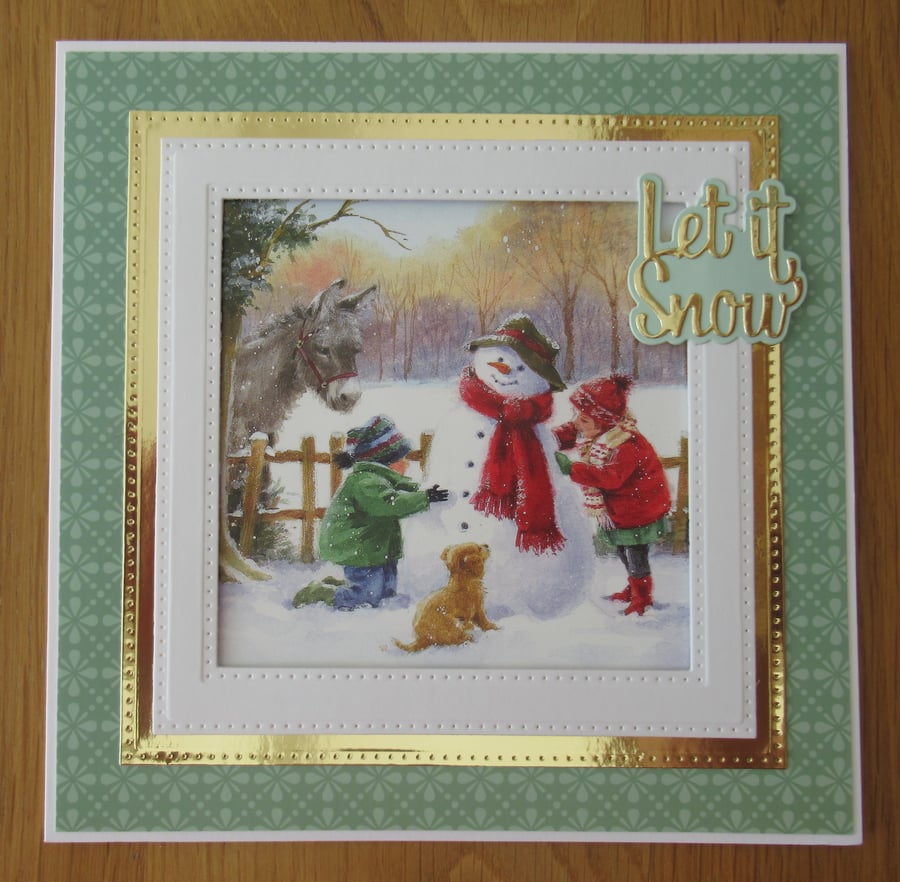 8x8" Children Building a Snowman - Christmas Card