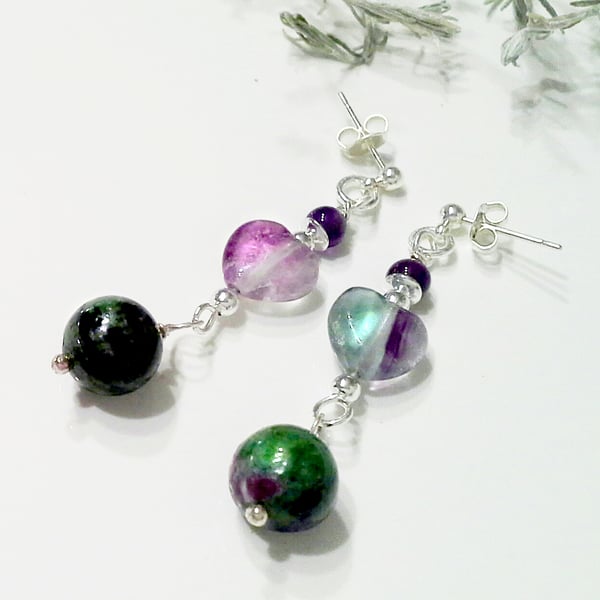 Fluorite, Amethyst, Rare Ruby Zoisite Stud Dangle Earrings Silver Plate