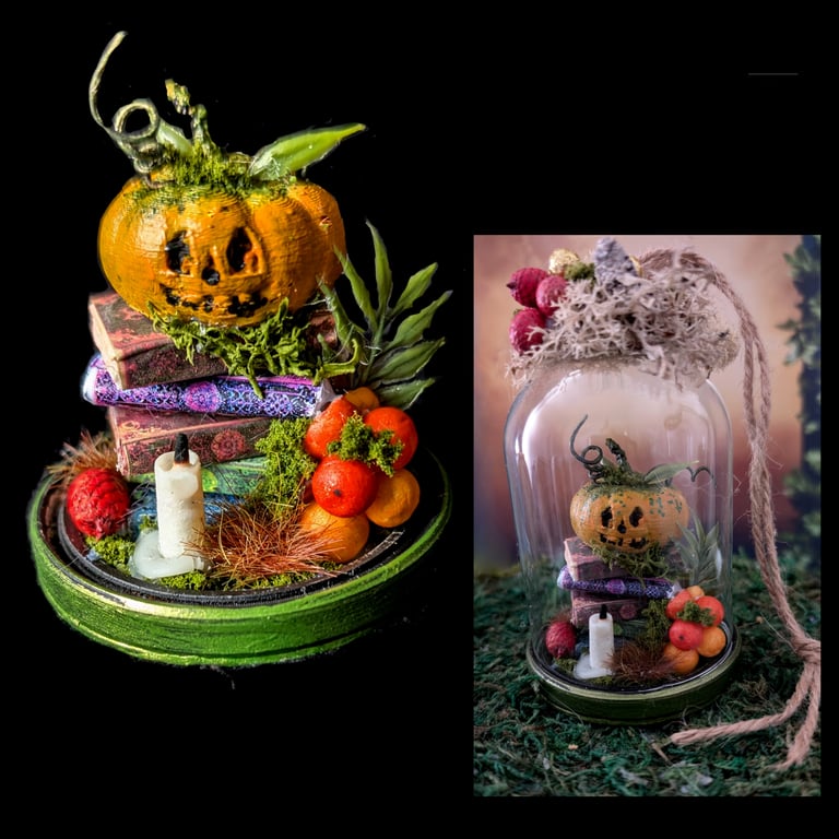 Pumpkin Scene in Hanging Glass Dome 