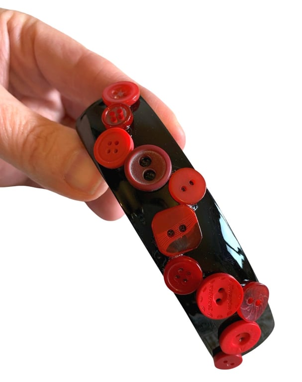 Black Rectangle Barrette Hair Clip with Red Buttons