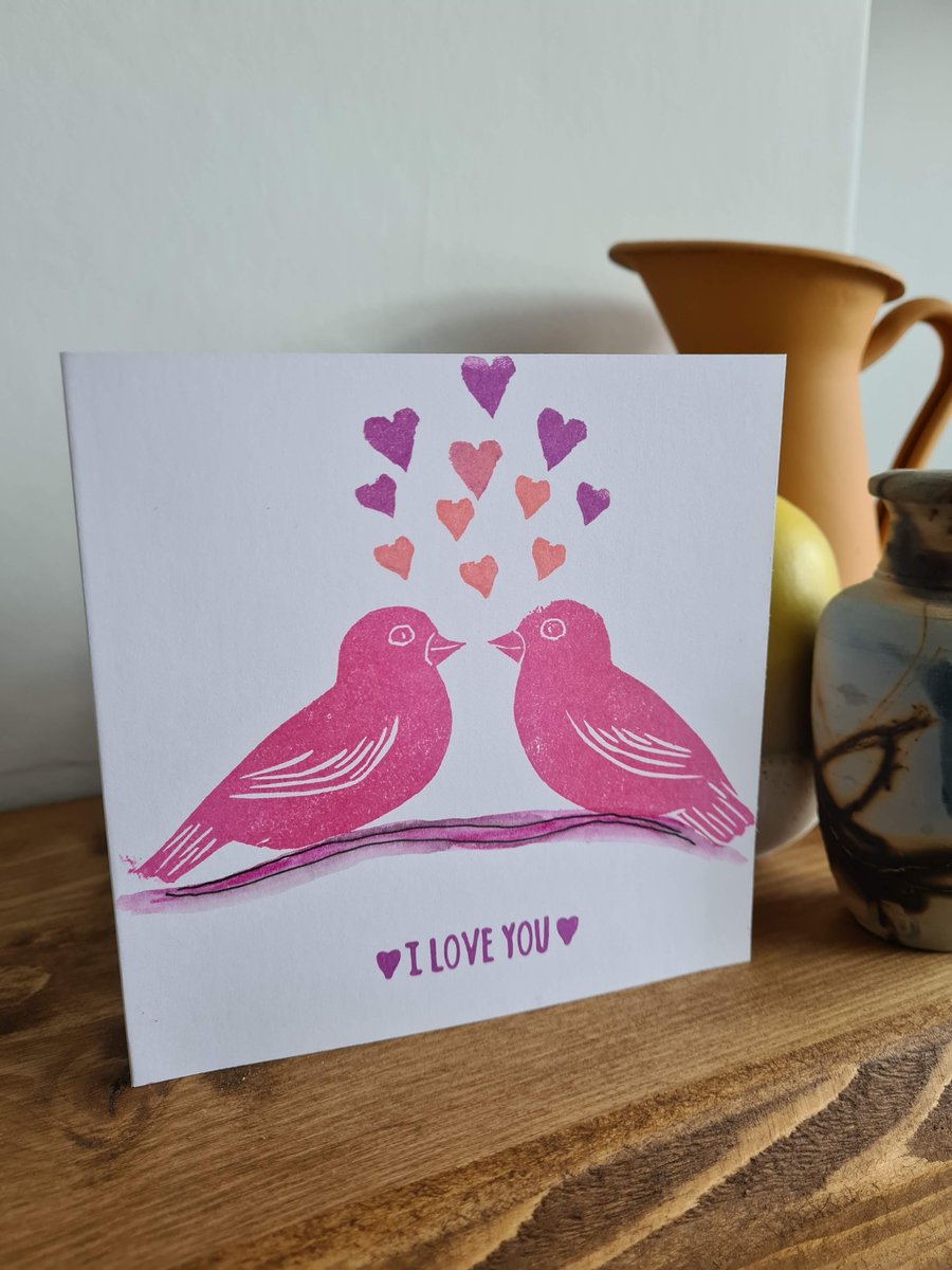 Handprinted stylised lovebirds valentine's anniversary card