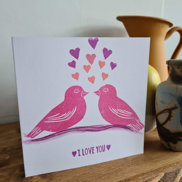 Handprinted stylised lovebirds valentine's anniversary card