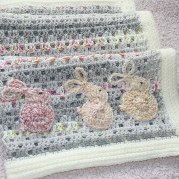 Vintage-Style Baby Blanket - Filet Crocheted Baby Blanket - Bunny Rabbit Blanket