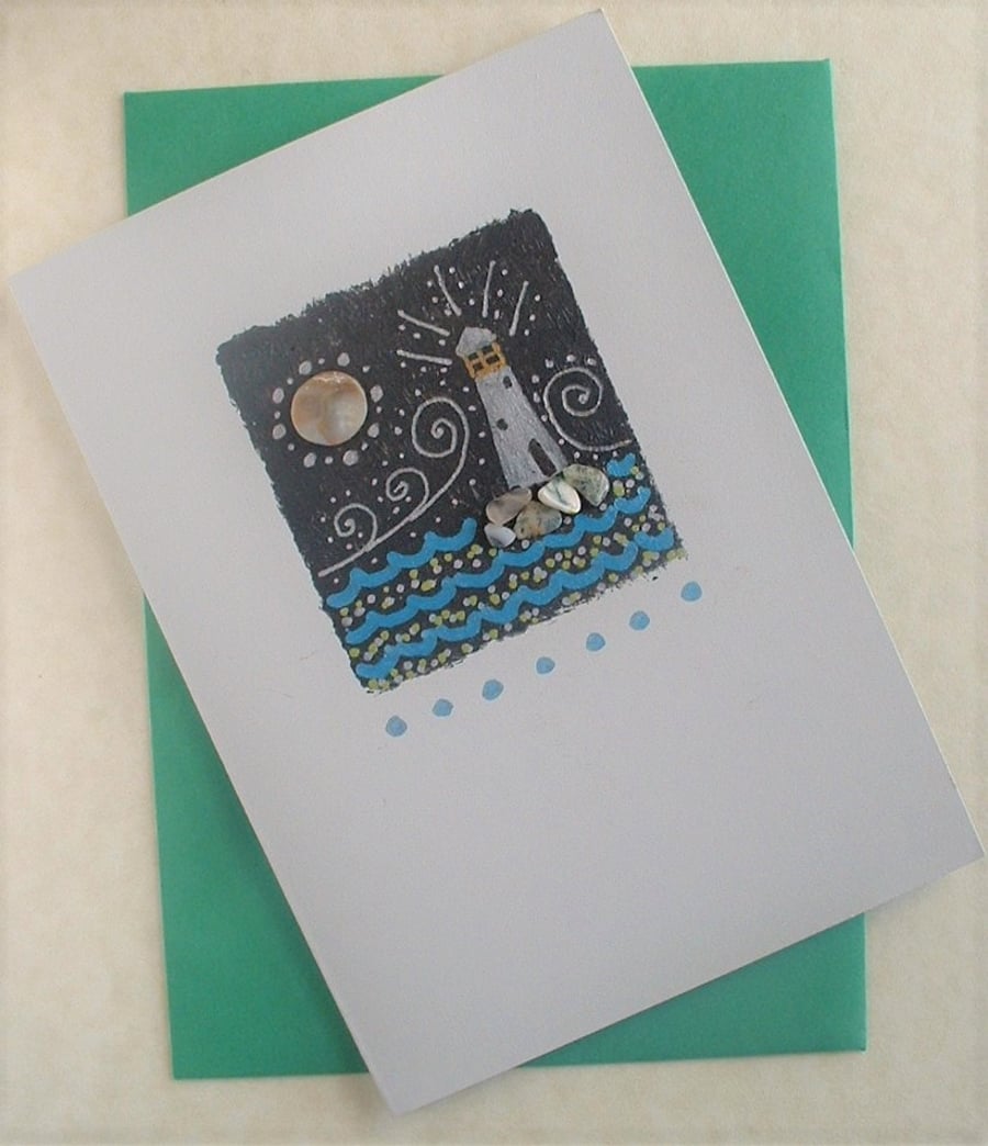 Lighthouse Greeting Card with polished pebble rocks and mother of pearl moon