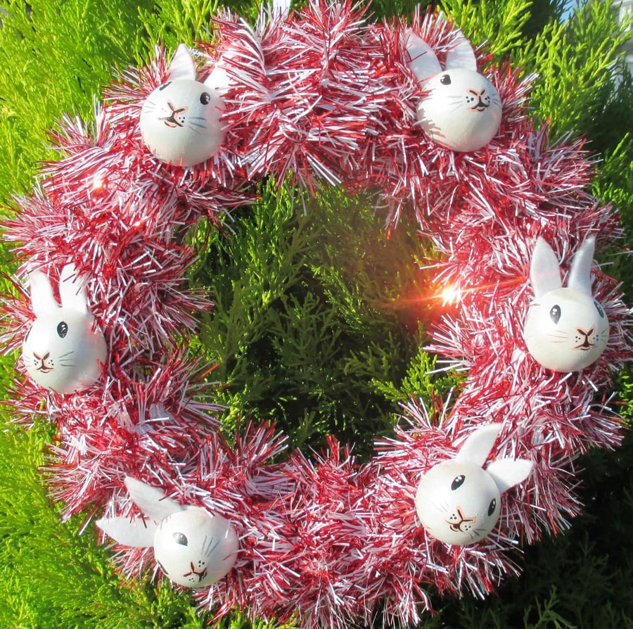 SALE Christmas Wreath Tinsel with Bunny Rabbit Hand Painted Bauble Heads 