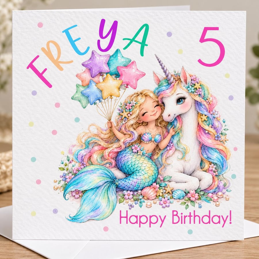 Personalised Mermaid & Unicorn Birthday Card - Girls Rainbow Birthday Card
