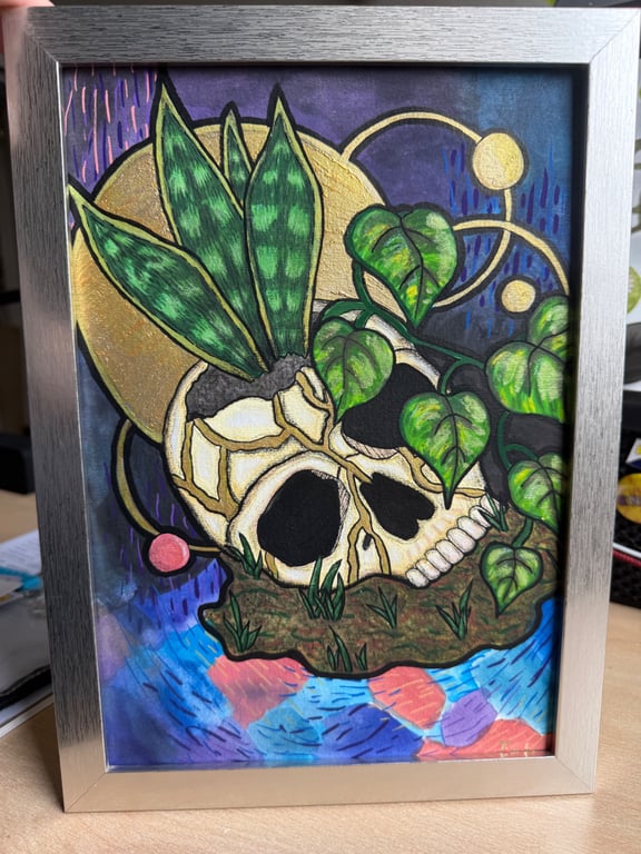 Macabre Planter: original a4 skull, house plants painting (not including frame) 