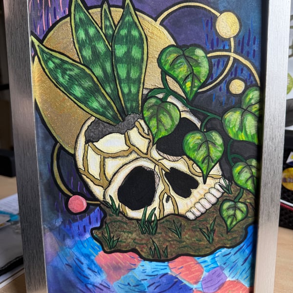     Macabre Planter - Original A4 Mixed Media Skull and Houseplant Painting