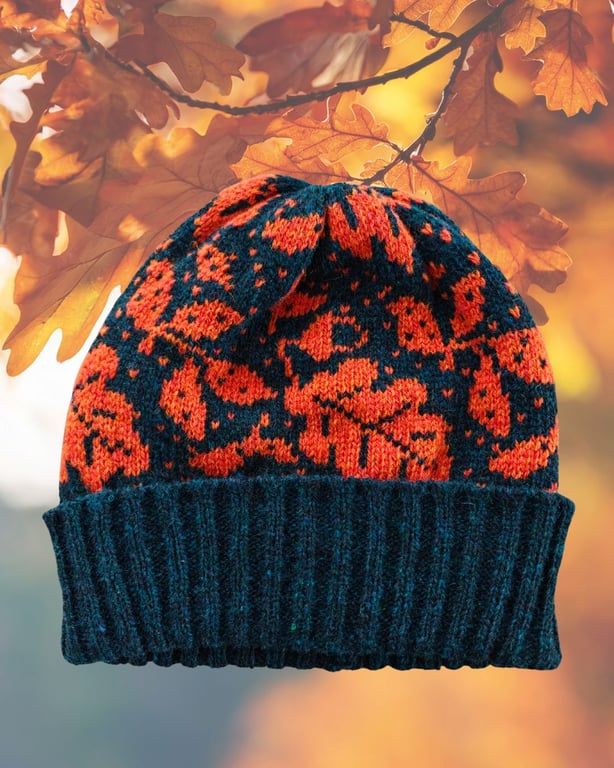 Acorn Oak Leaf Beanie, Orange Teal Shetland Wool Hat, Unisex Knitted Autumn Hat