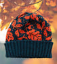 Acorn Oak Leaf Beanie, Orange Teal Shetland Wool Hat, Unisex Knitted Autumn Hat