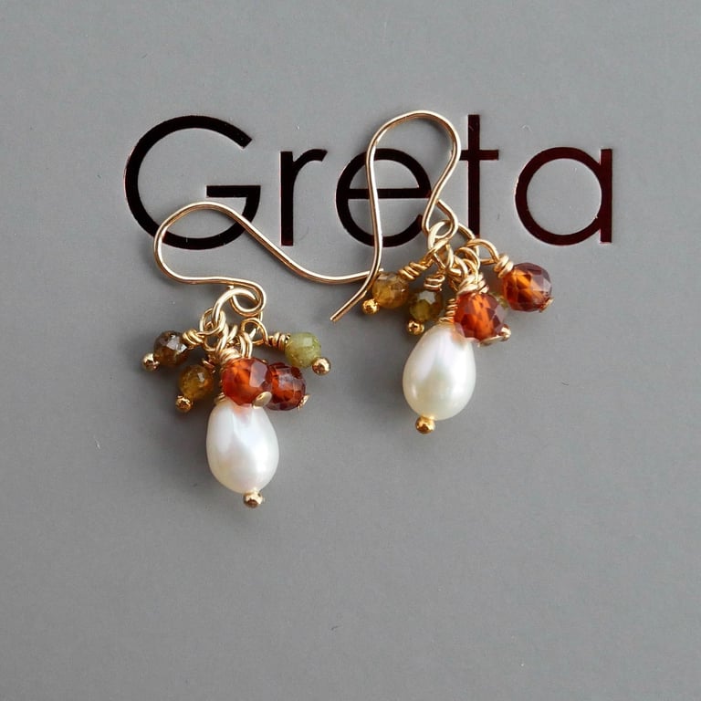 Pearl Drop and Gemstone Cluster Earrings on 14k Gold Filled Hooks
