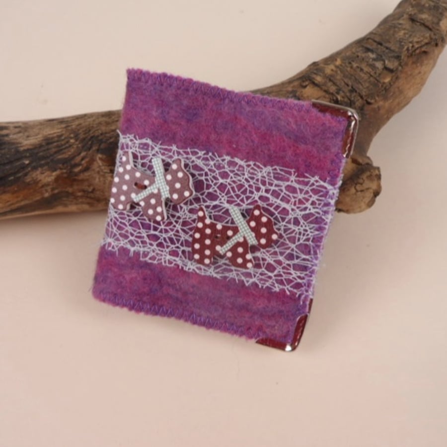 Pink and purple felted mending kit, needle book with scottie dog decoration