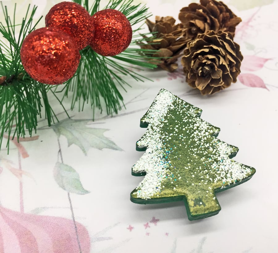 Pine tree wooden brooch green with sparkly snow winter christmas jewellery