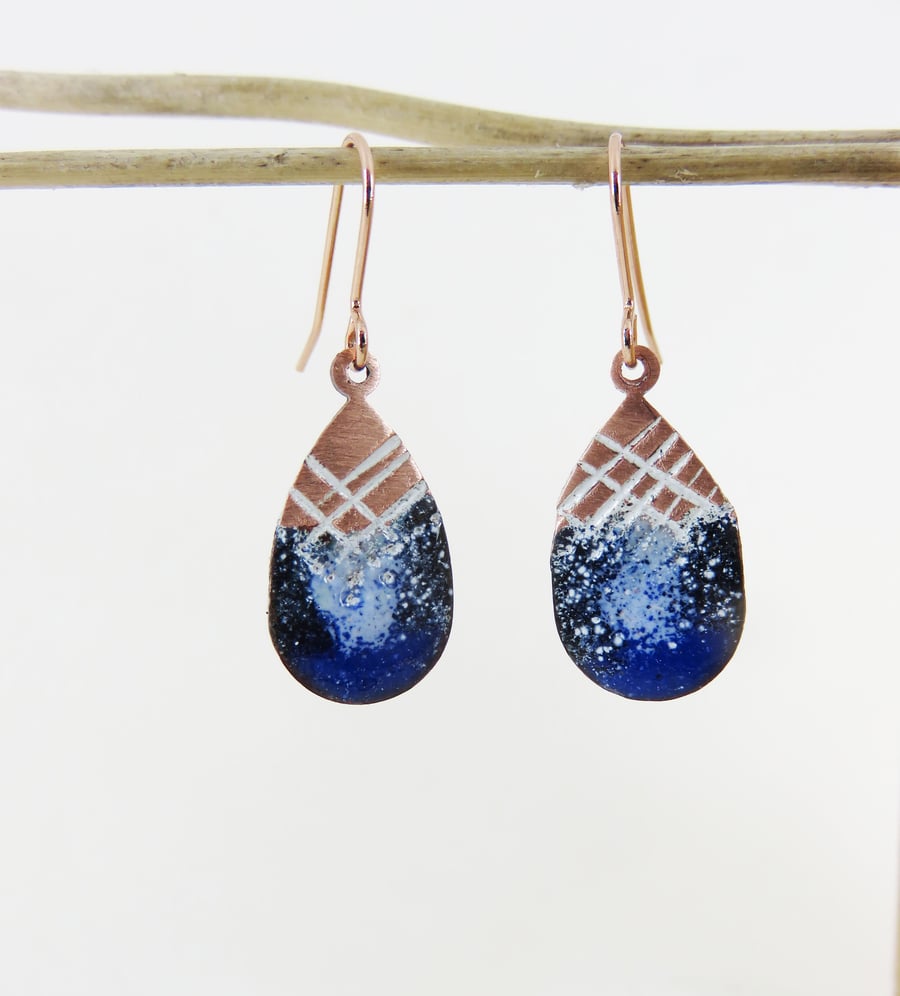 Enamel and Textured Copper Dangle Earrings