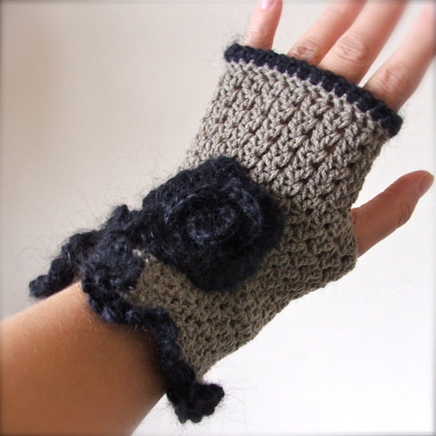 Fingerless Crochet Mittens With A Flower - reserved listing for thewig