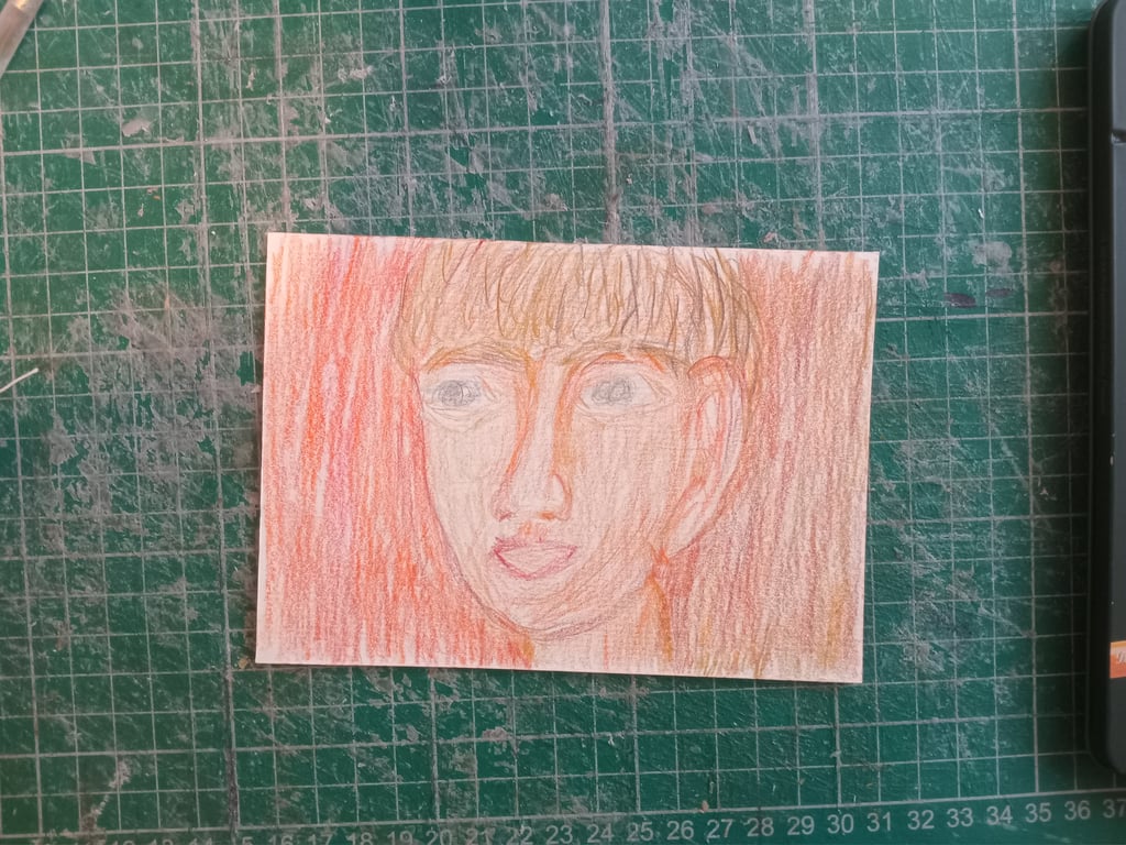 Coloured pencil original art. A6 postcode sized portrait. Naive illustration 