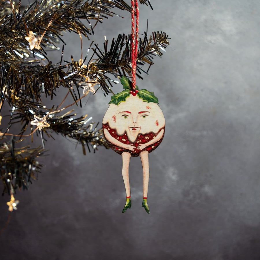 Christmas figgy pudding wooden hanging decoration. 
