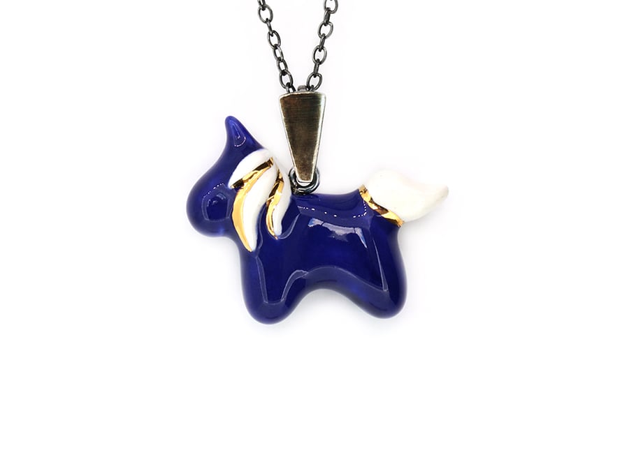 Unicorn necklace. Blue and white unicorn jewelry porcelain and silver