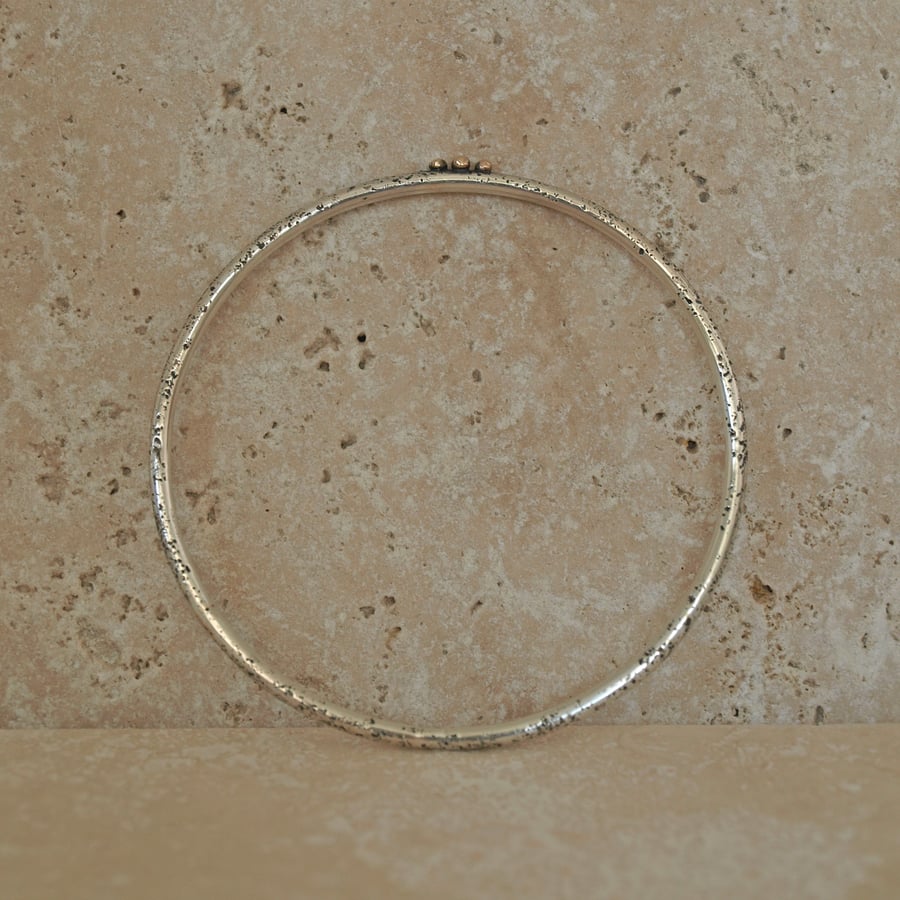 Silver Bangle with Gold Balls, Textured Silver Dot Bracelet 