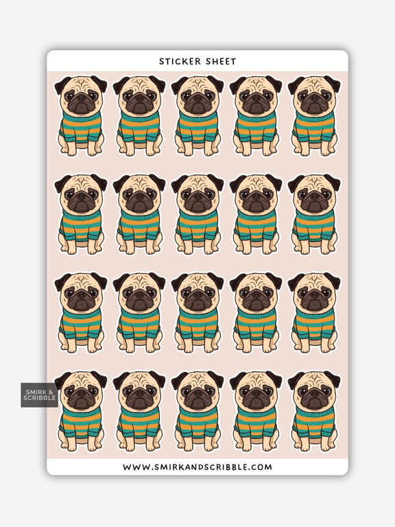 Funny Vinyl Sticker Sheet For Adults - Cute Pug Dog