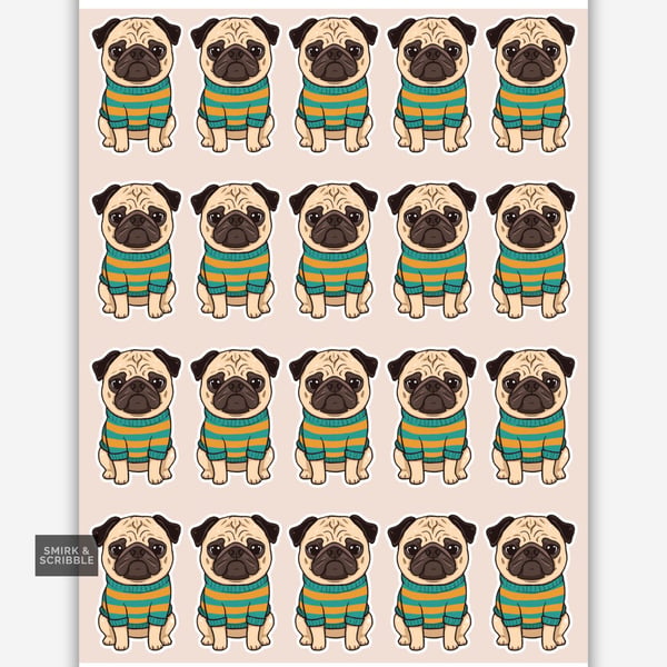 Funny Vinyl Sticker Sheet For Adults - Cute Pug Dog