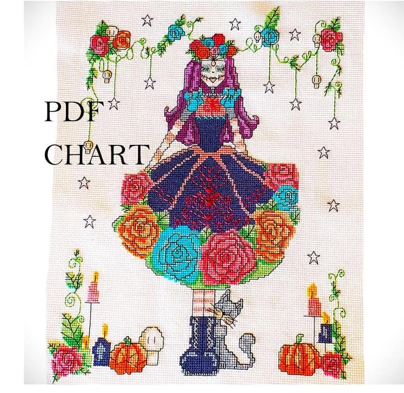Roses and Skulls lady Day of the dead theme cross stitch Instant Download chart