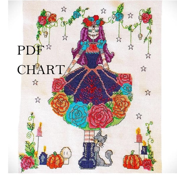 Roses and Skulls lady Day of the dead theme cross stitch Instant Download chart