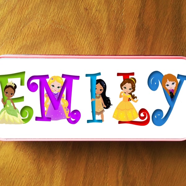 Childrens Metal Pencil Case, personalised with Your Name, in cute Princess font