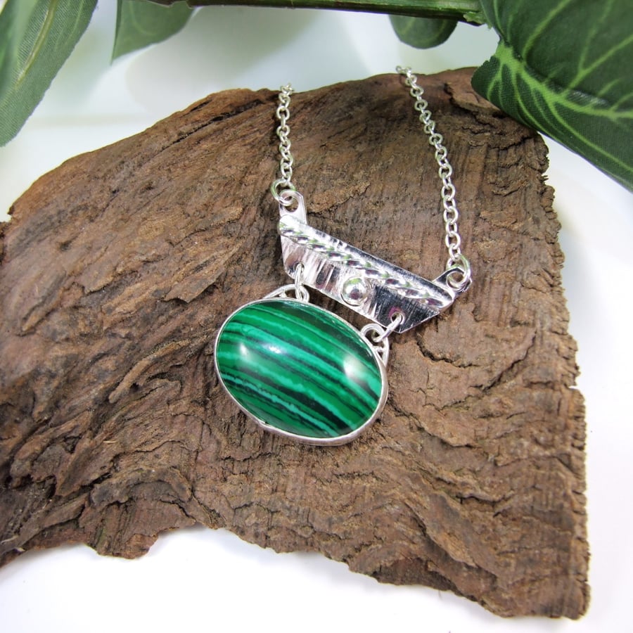 Malachite Necklace, Silver Artisan Pendant with Butterfly Cut Out Detail