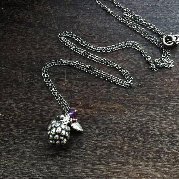 Long Sterling silver necklace with blackberry, garnet, amethyst and leaf
