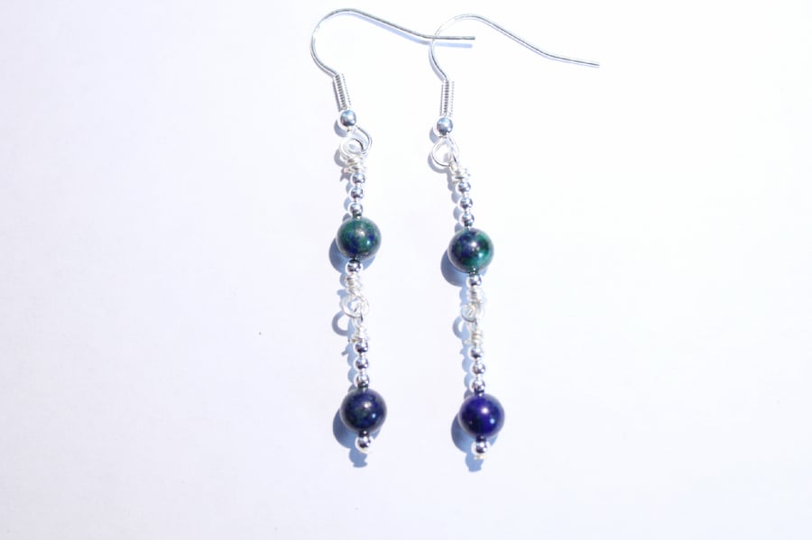 Blue and green chrysocolla gemstone beaded dangle earrings