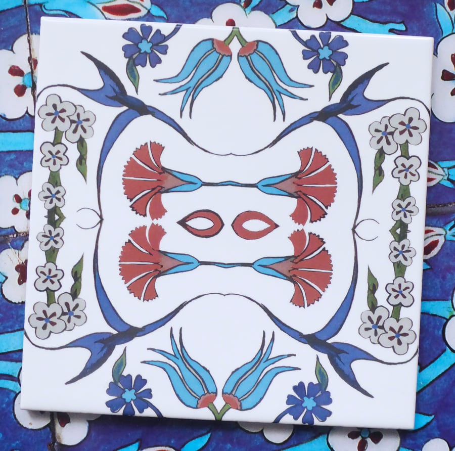 Ottoman Inspired Flower and Bird Design Ceramic Tile Trivet with Cork Backing