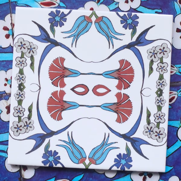 Ottoman Inspired Flower and Bird Design Ceramic Tile Trivet with Cork Backing