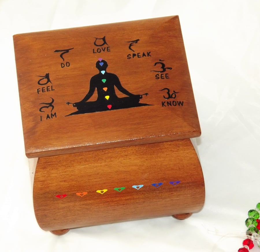 11.5cm x 11.5cm x 9cm Wooden Chakra Box with Pendant. Rustic Handmade Hard Wood 