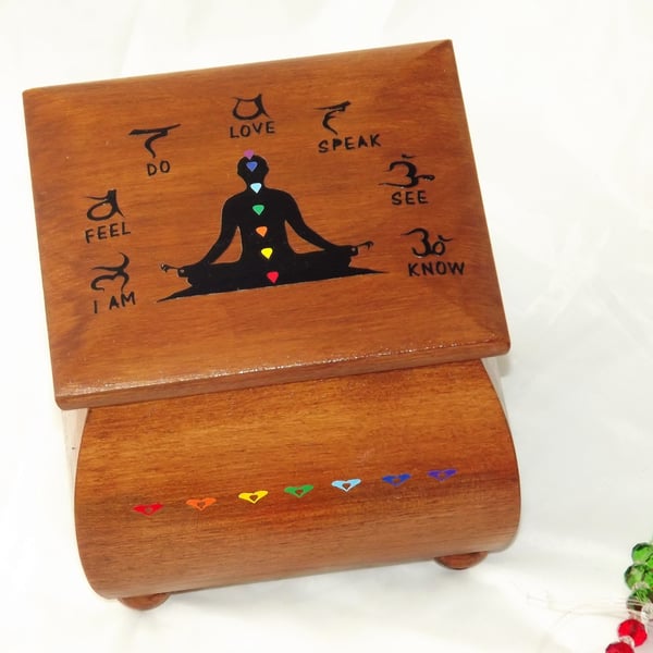11.5cm x 11.5cm x 9cm Wooden Chakra Box with Pendant. Rustic Handmade Hard Wood 