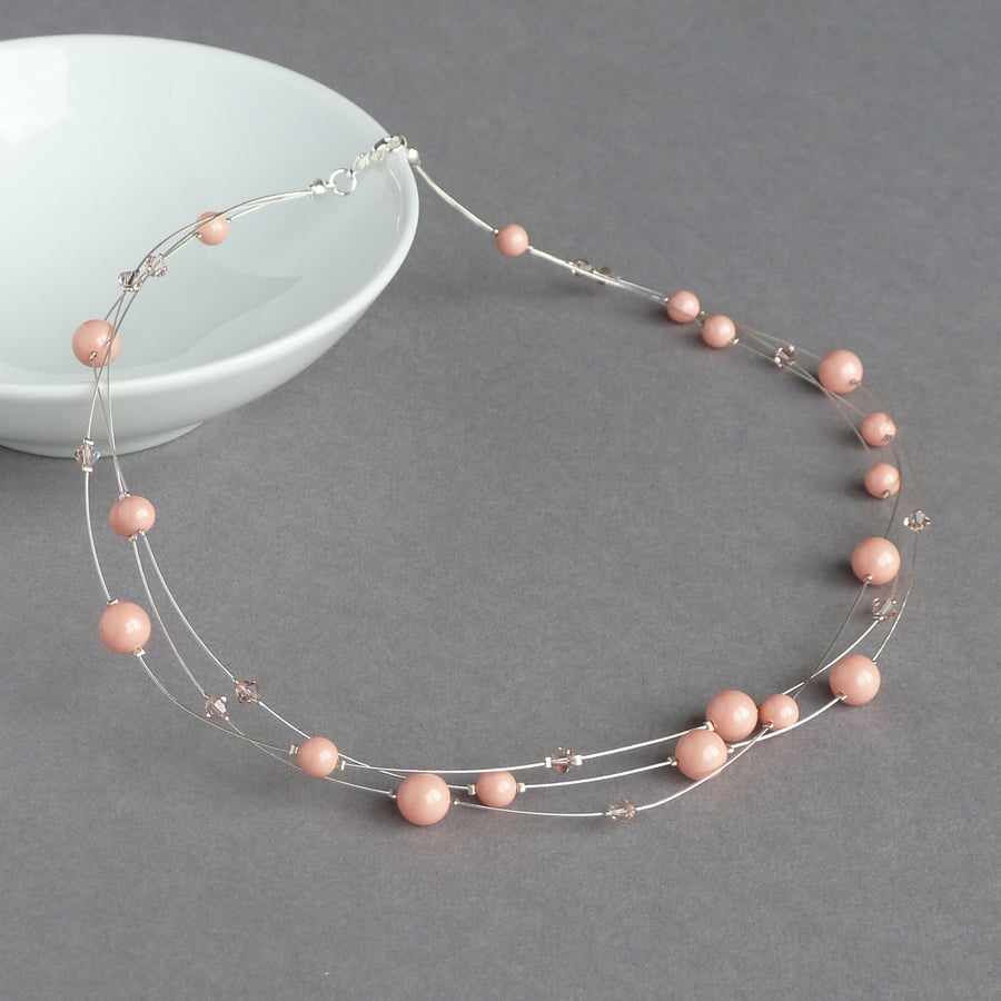 Coral Pink Floating Pearl Necklace - Peach Wedding Jewellery - Bridesmaid Gifts