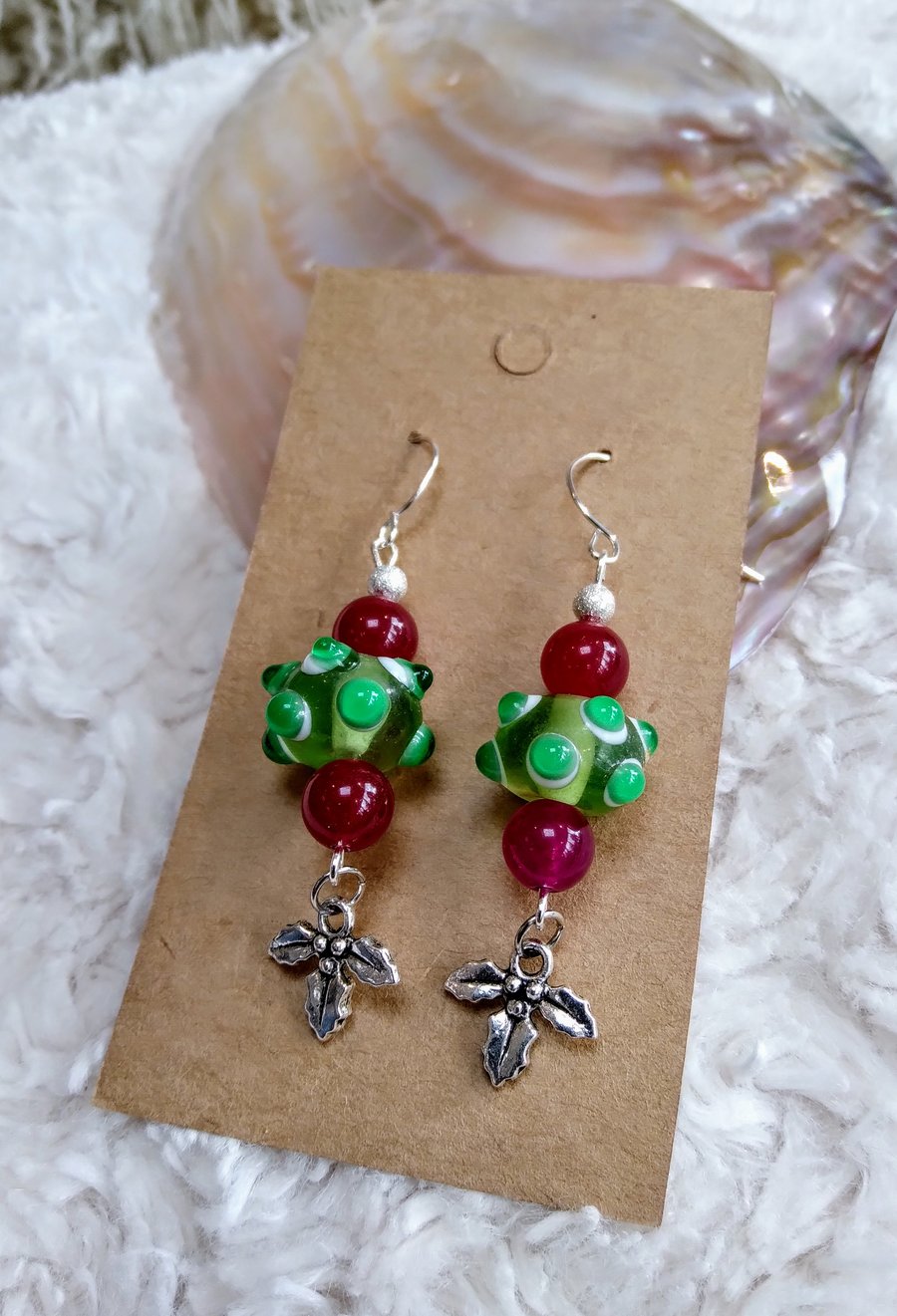 Real RUBY and Lampwork glass Tibetan silver HOLLY charm XMAS earrings