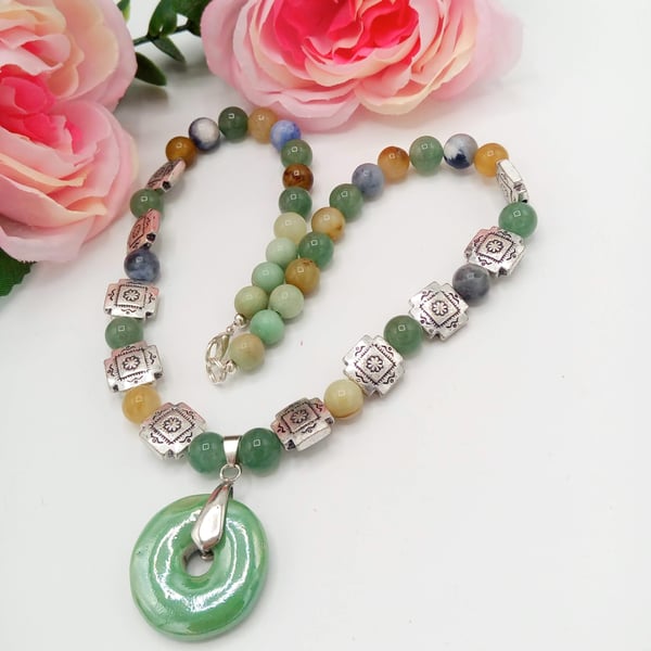 Green Ceramic Donut Pendant on a Gemstone Beaded Necklace, Gift for Her
