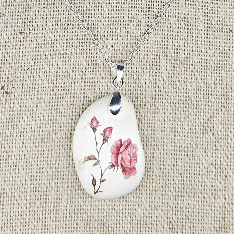 Sterling Silver Rose Sea Pottery Necklace - Coastal Floral Jewellery