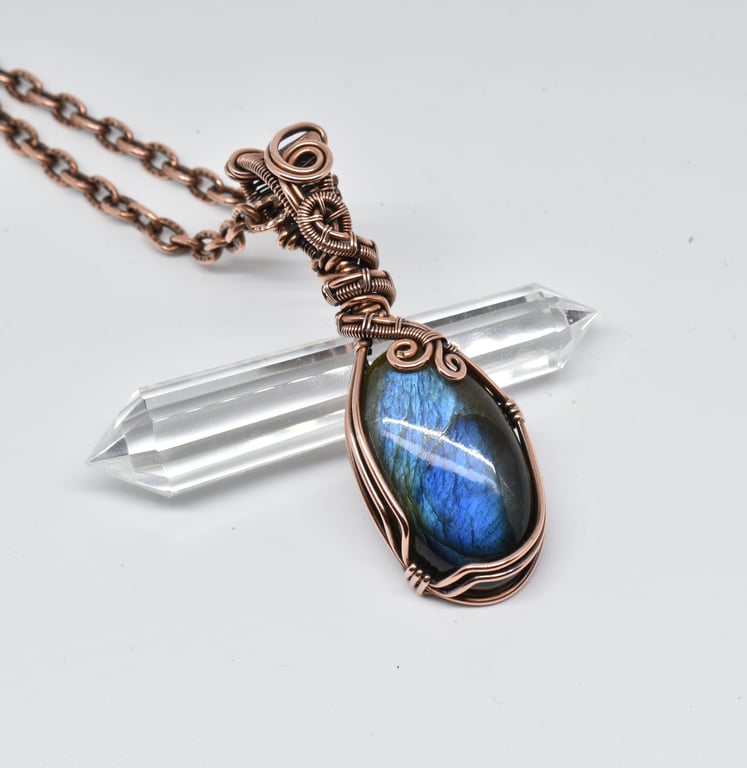 Wire Wrapped Blue Labradorite and Copper One of a Kind Pendant