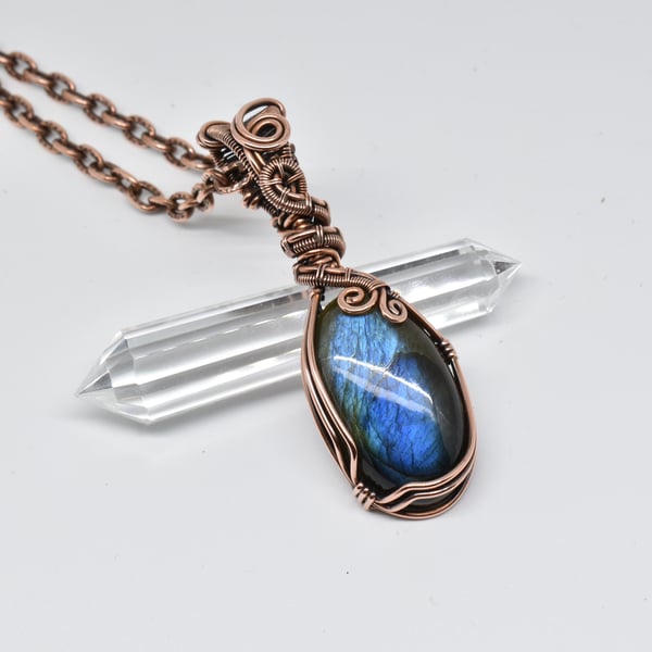 Wire Wrapped Blue Labradorite and Copper One of a Kind Pendant