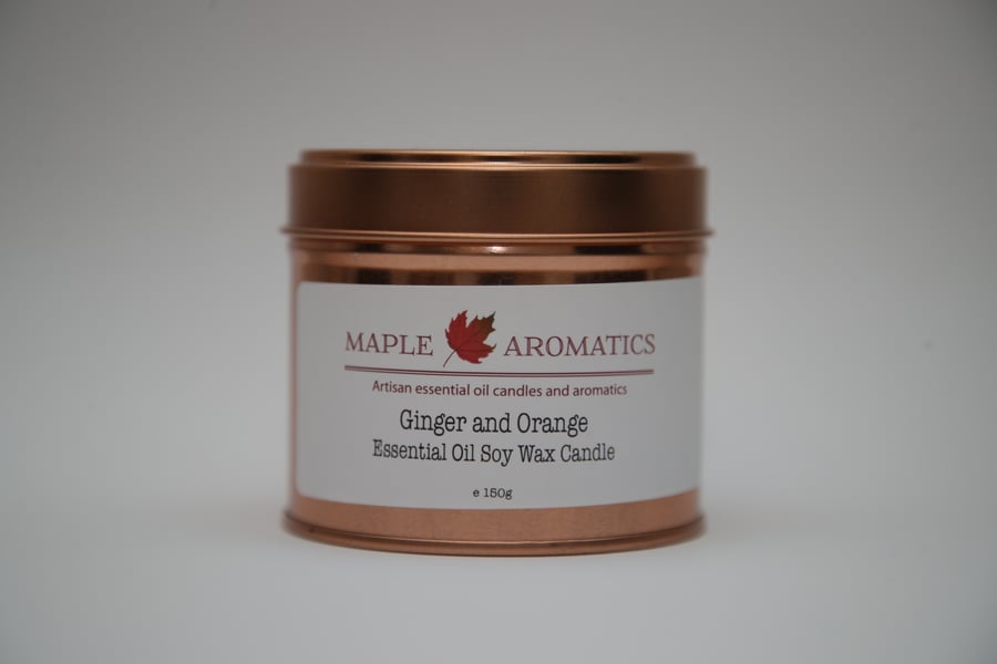 Maple Aromatics Ginger and Orange Soy Wax Rose Gold 150g Candle Tin