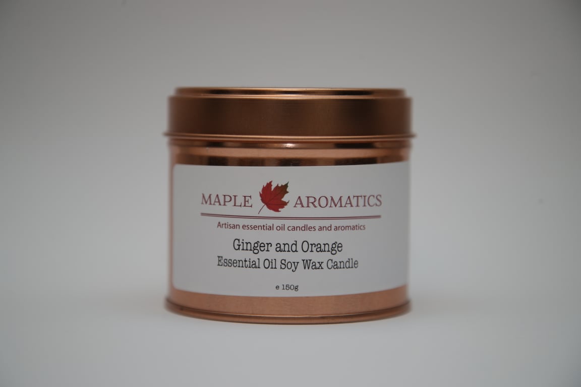 Maple Aromatics Ginger and Orange Soy Wax Rose Gold 150g Candle Tin